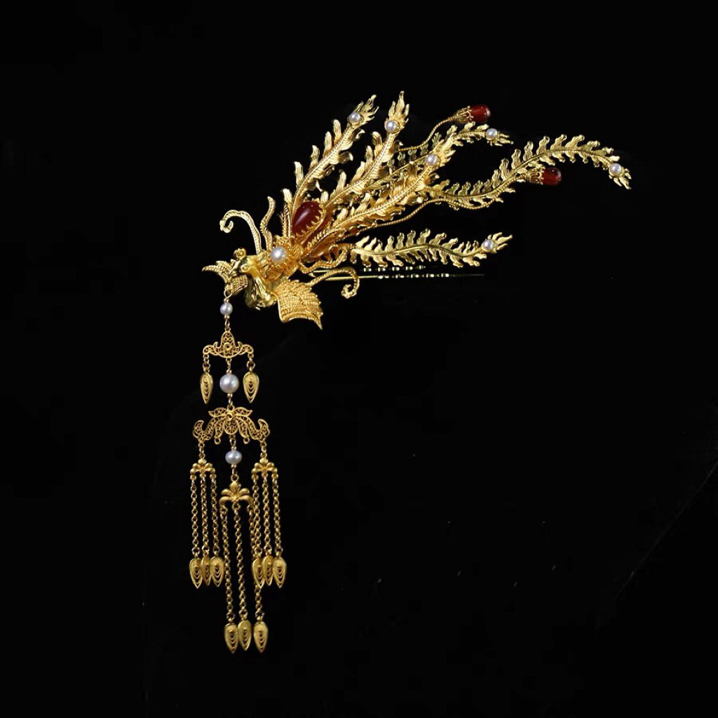 ทองแดง Gold-Plated เจ้าสาว Xiuhe อุปกรณ์เสริมผม Phoenix Feather โบราณด้านข้าง Phoenix Hairpin Golden