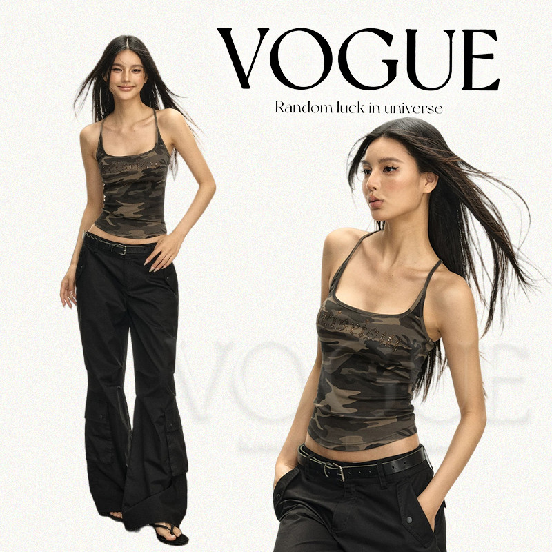 Vogue🌟พร้อมส่ง🌟 เสื้อกล้าม ลายทหาร เสริมฟองน่ำในตัว เรียบๆใส่ง่ายสบาย (FY3574)