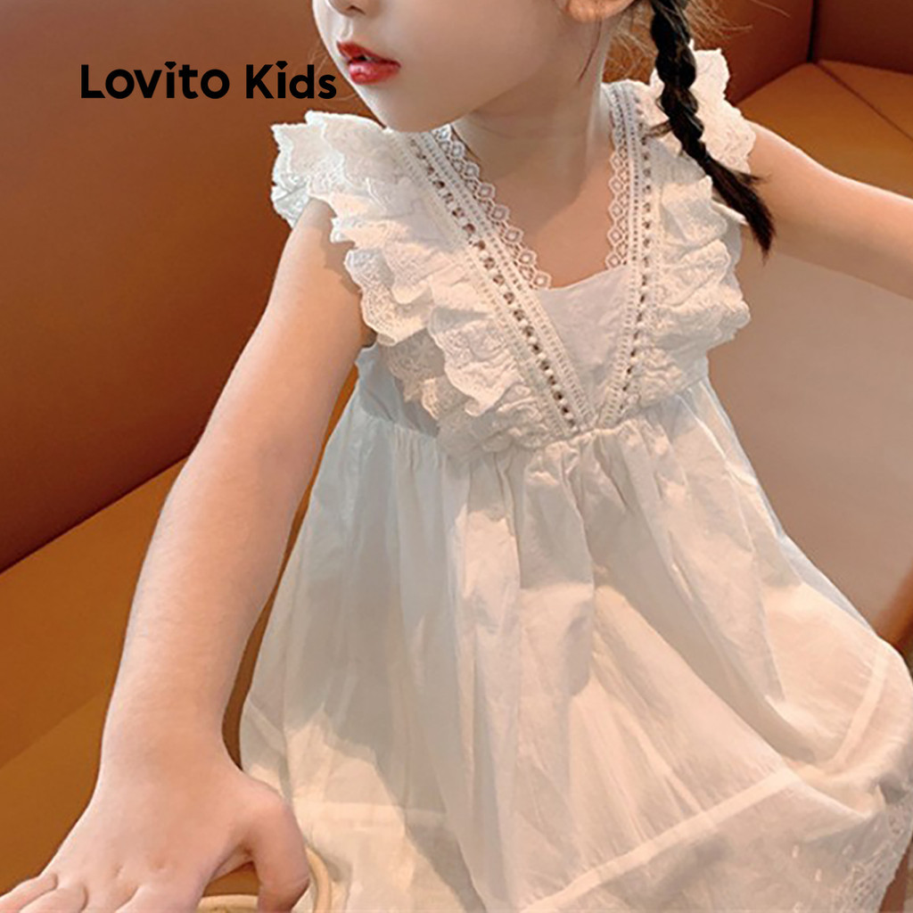 Lovito เด็กน่ารักชุดนัวเนียลูกไม้นุ่มสบายฤดูใบไม้ผลิ/ฤดูร้อนชุดเดรสสีขาวสําหรับเด็กผู้หญิง LNL106121
