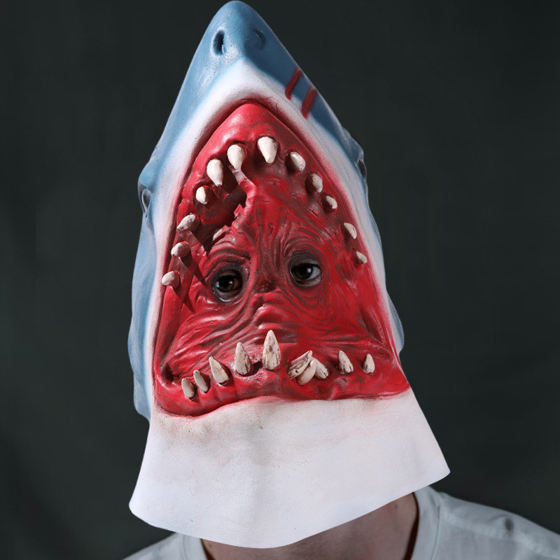 ใหม่ Crazy Animal City Shark Headgear Party Latex Piranha Shark Tiger Shark Horror Eater