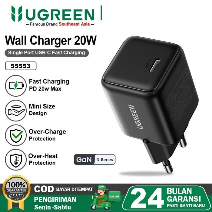 UGREEN เครื่องชาร์จติดผนัง GaN N Series PD Type-C ชาร์จเร็ว 20W 55555 - ADP GaN N 20W สีดํา