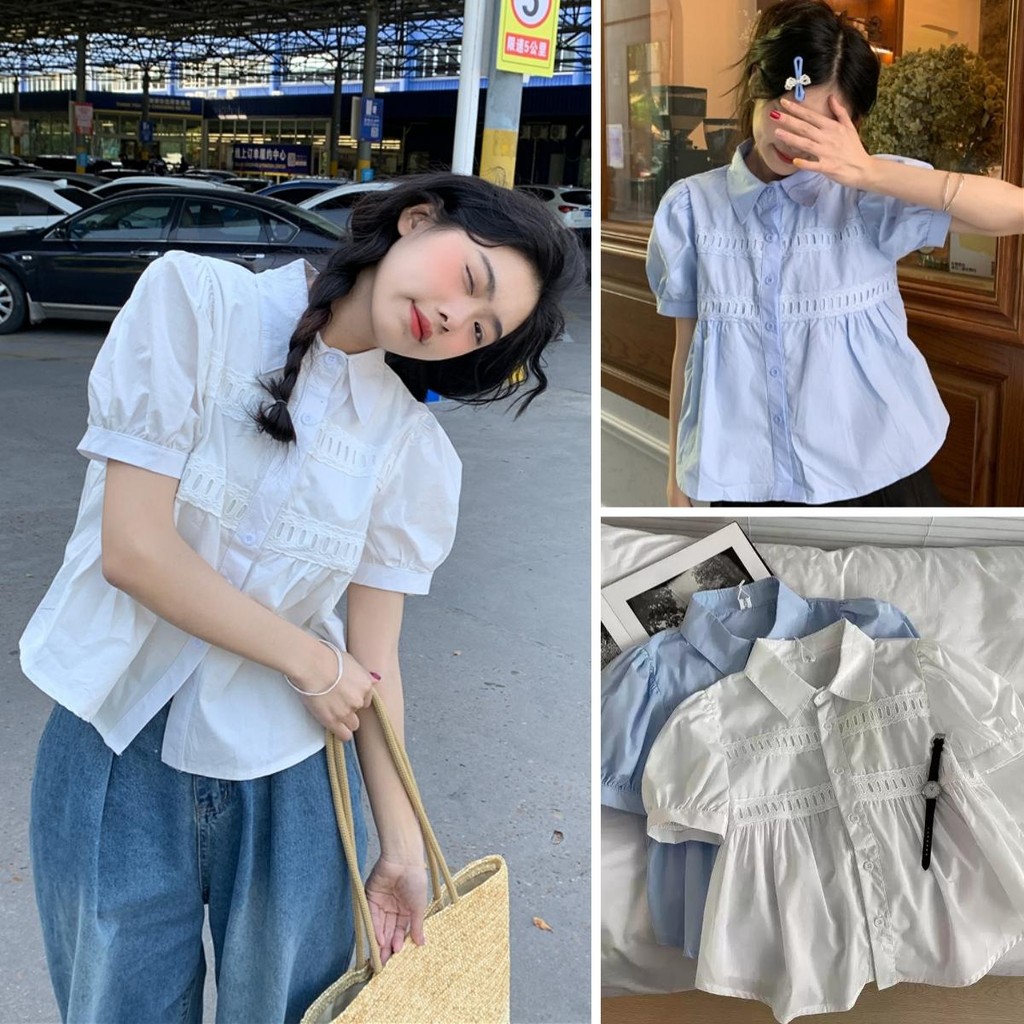 Chili Koko เสื้อเชิ้ตแขนพองสีขาวสำหรับผู้หญิงในช่วงฤดูร้อน ทรงโปโลหวานสไตล์ฝรั่งเศส 99222