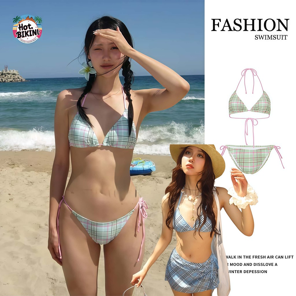 🩵Hot.Bikini🩵ชุดว่ายน้ำ bikini ชุดบิกินี่ เซ็ต2ชิ้น ลายสก๊อต โชว์หลัง มีฟองน้ำ ส่งไวจากไทย