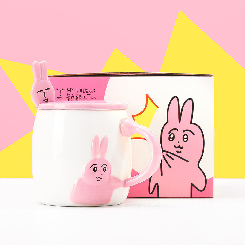 กระต่ายสีชมพู MyFriend Original ถ้วยเซรามิกสํานักงานคู่นักเรียนพร้อมฝาปิดพร้อมช้อนถ้วยในครัวเรือน