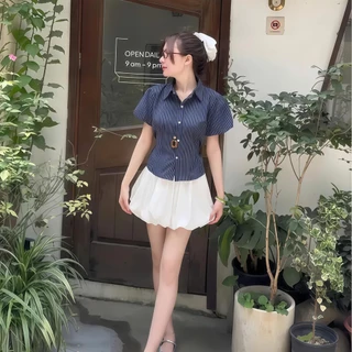 เสื้อเชิ้ตแขนพัฟผู้หญิง พิมพ์ลายทาง ทรงกระแทกด้านบน หลากหลายสี ผ้าผสมคอตตอนและลินินเนื้อนุ่ม สไตล์เซ็กซี่และสวมใส่ง่าย