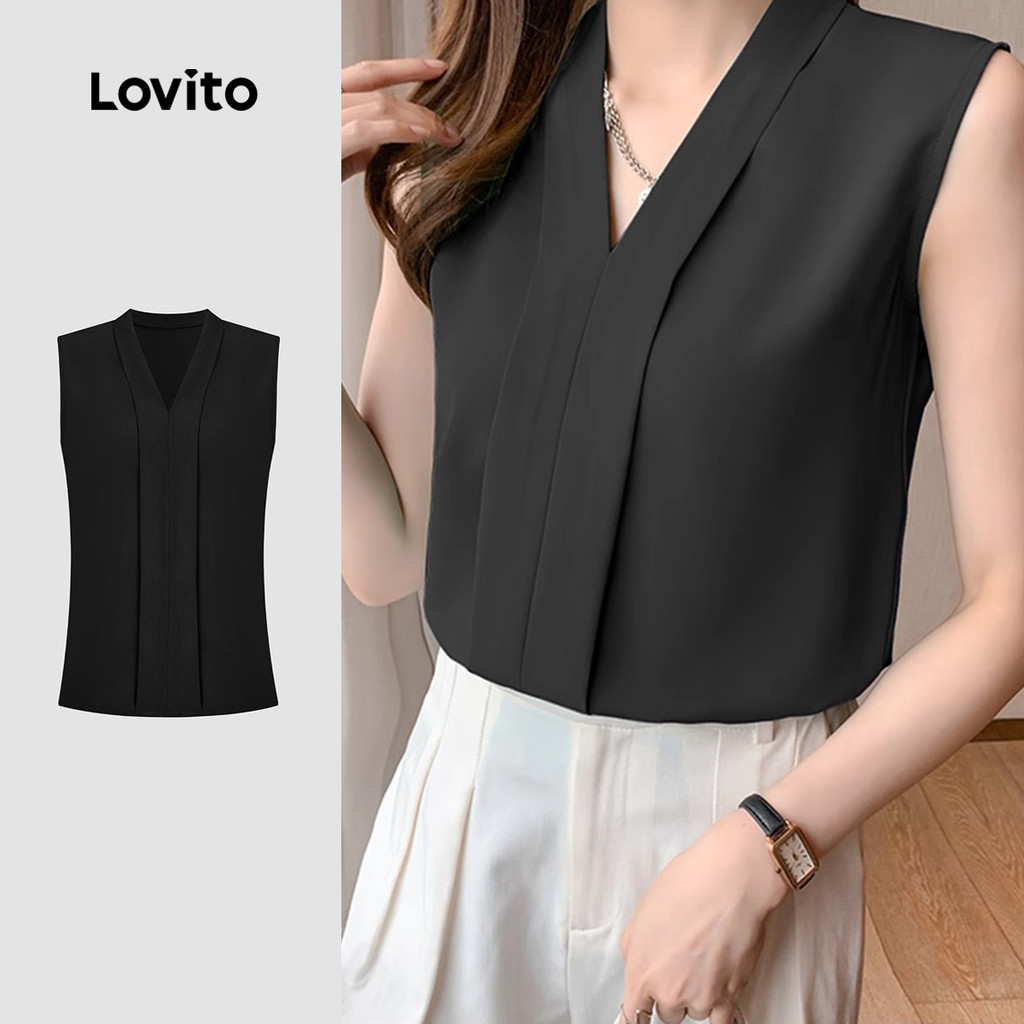 Lovito เสื้อกล้ามหรูหราเสื้อกล้ามสีดําฤดูร้อน/ฤดูใบไม้ผลิสีพื้นสําหรับผู้หญิง L134ED459