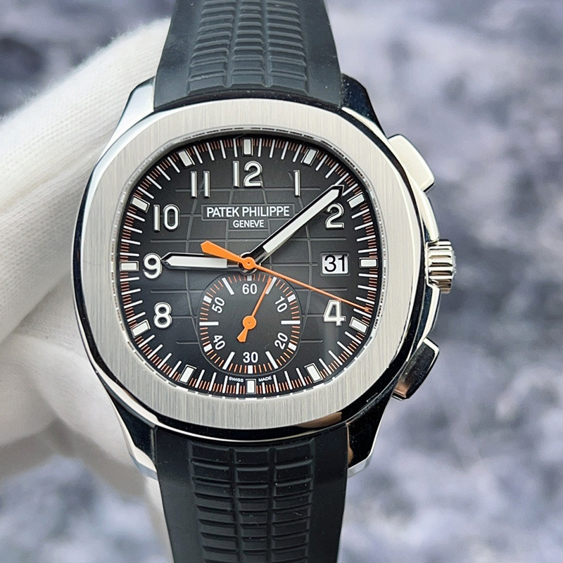 Patekphilippe AQUANAUT Series สไตล์ใหม่ 5968A หน้าปัดสีดําเข็มสีส้ม Chronograph ปฏิทินนาฬิกากลไกอัตโ