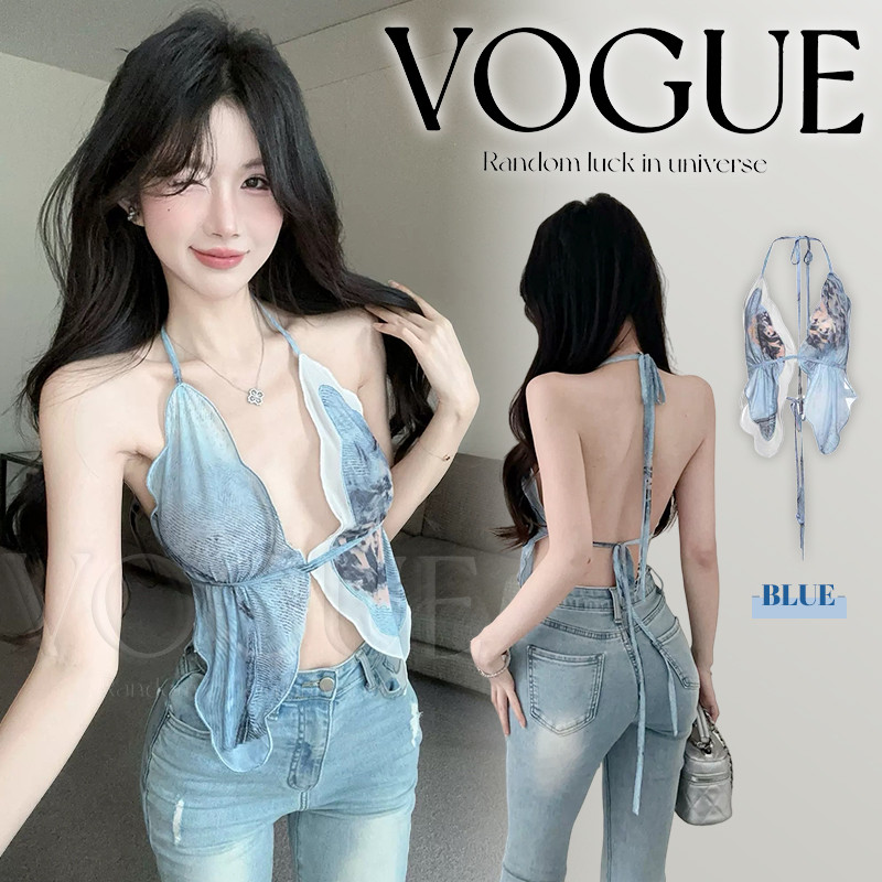 Vogue🌟พร้อมส่ง🌟  เสื้อคล้องคอ สีขาว เหมาะกับสาวเซ็กซี่ เที่ยวทะเลน่ารักมาก (FY2972)