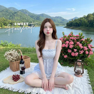 🧸 SweetHouse #732 🌻 เสื้อสายเดี่ยวผ้าฉลุระบายลูกไม้ รุ่นนี้ผ้าสวยมว้ากกก + กางเกงลูกไม้ระบาย 4 ชั้น