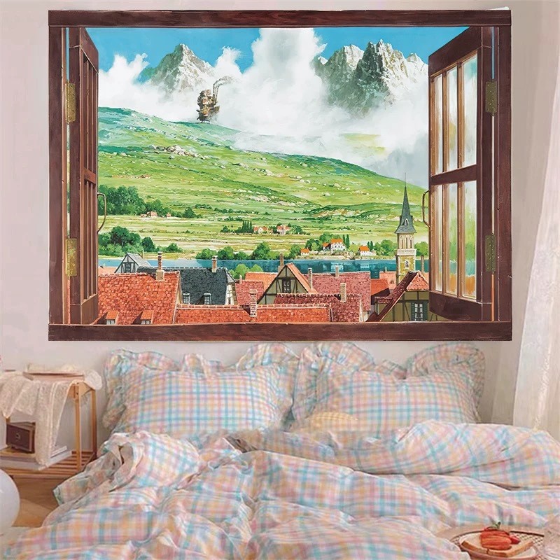Japanese-style scenery, Howl's Moving Castle dorm room decoration backdrop fabric, popular girl's bedroom headboard hang