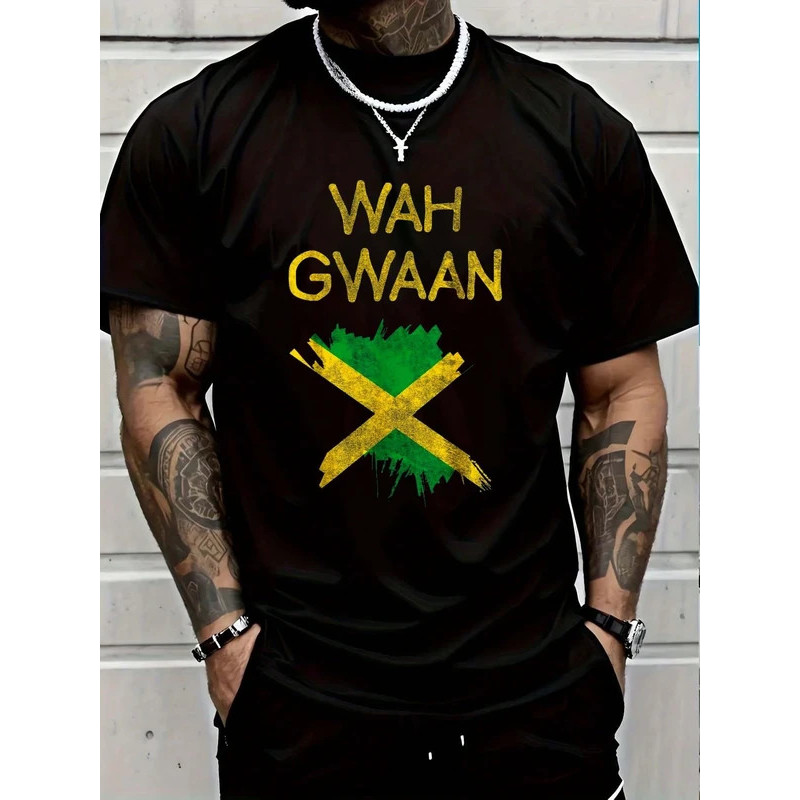 เสื้อยืด 100% คอตตอน ลายธงชาติจาเมกา Wah Gwaan สื่อถึงความภาคภูมิใจของชาวจาเมกา สไตล์เร็กเก้ เหมาะสำ