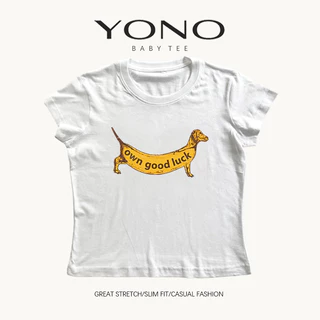 (พร้อมส่ง24ชม.) baby tee สีเบจ ลายหมาดัชชุนตัวอักษร good luck ฟีลวินเทจขี้เล่น ทรงเข้ารูป ใส่ชิคทุกวัน