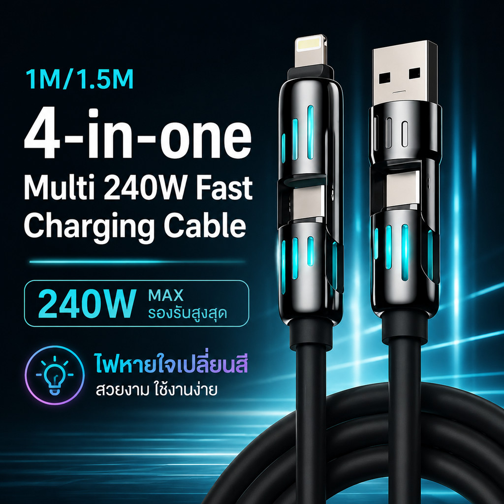 Aura Tee สายชาร์จเร็ว 4in1 Fast Charge 240w สายชาร์จมือถือ แสงไฟ RGB สายชาร์จTYPE C USB