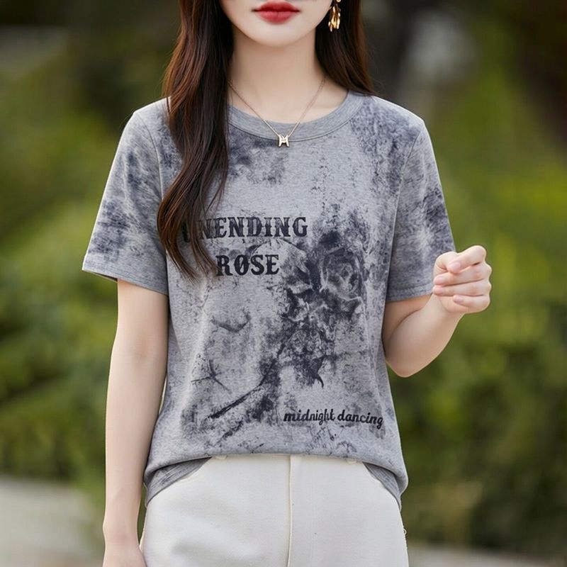 ฤดูร้อนใหม่เสื้อยืดแขนสั้นสําหรับผู้หญิงหลวมและกระชับสัดส่วนมัดย้อมพิมพ์ด้านบนสําหรับผู้หญิง