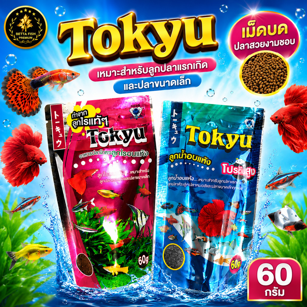 Tokyu อาหารปลาโตคิว สูตรลูกไรอบแห้ง / ลูกน้ำอบแห้ง ขนาด 60 กรัม สำหรับลูกปลาและปลาขนาดเล็ก โปรตีนสูง