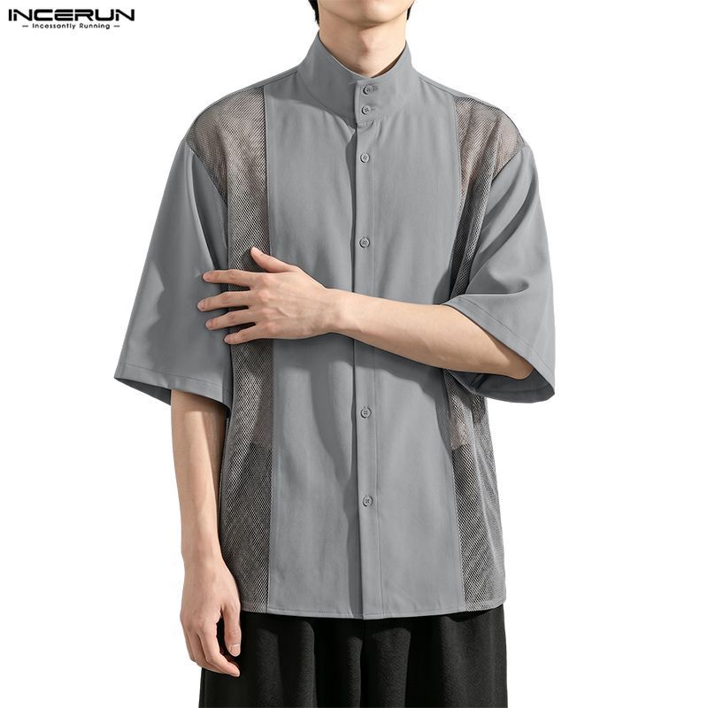 INCERUN เสื้อเชิ้ตแขนสั้นผู้ชายแฟชั่น Splicing Hollow Seven