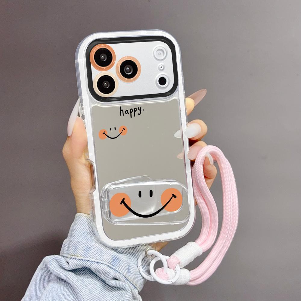 เคสไอโฟน ป้องกันเลนส์ ลายหน้ายิ้มสีส้ม มีขาตั้ง แถมสายคล้องสีชมพู สำหรับไอโฟน iPhone 11131517 Pro Max พร้อมส่งJHJMNYK17