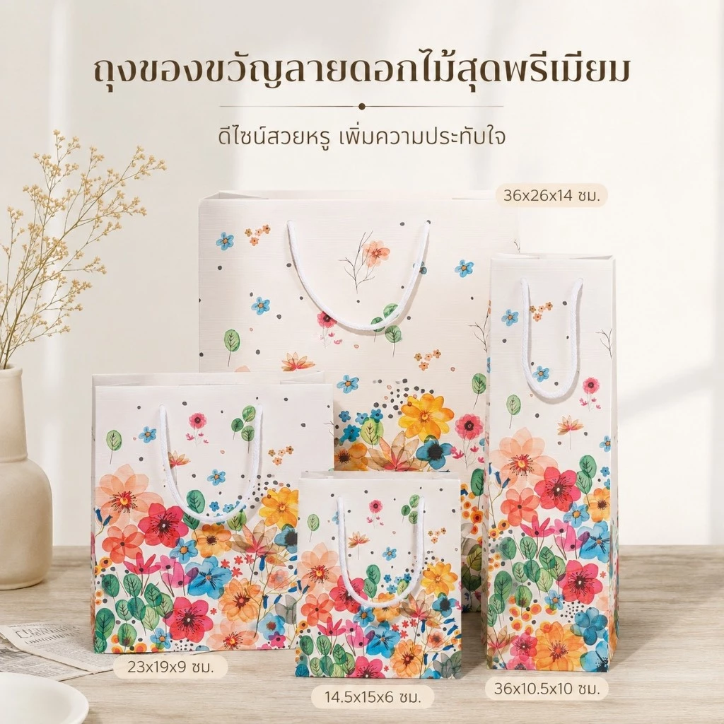 ถุงของขวัญลายดอกไม้สีน้ำมัน 4ขนาด กระดาษหนาพิเศษ หูเชือกคอตตอนแข็งแรง ใส่ของขวัญ ดอกไม้ ไวน์ งานแต่ง ของชำร่วย