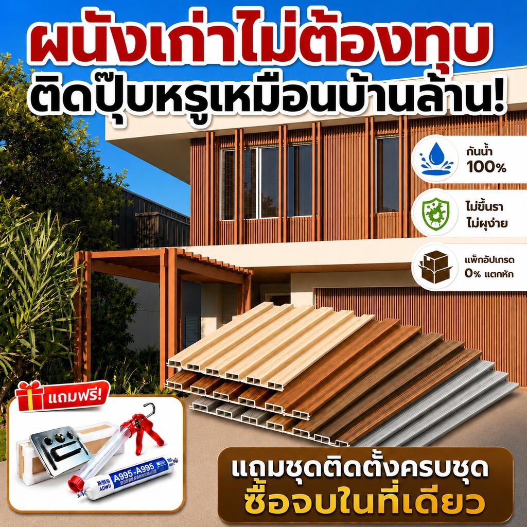 ระแนงไม้เทียม WPC Baan Thai ยาว3m/2m/1m ไม้ระแนงเทียม ตกแต่งผนัง ไม้ระแนง wpc ติดตั้งง่าย Wall Panel กันน้ำกันความชื้น