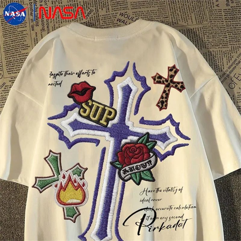 NASA American High Street Rose Cross เสื้อยืดผ้าฝ้ายแท้ผู้ชายผู้หญิง NASA American High Street Rose 