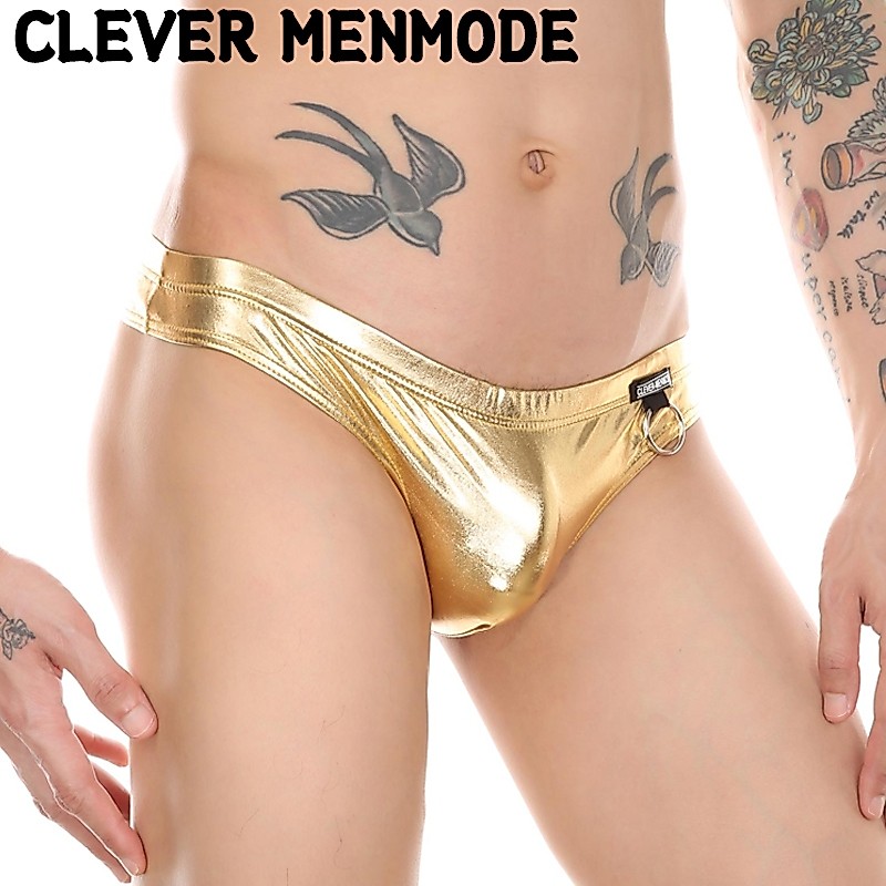 CLEVER-MENMODESexy Mens Glossy เลียนแบบหนังชุดชั้นในต่ําเอวเอวเอวเอวด้านข้าง Loop แฟชั่นกางเกง