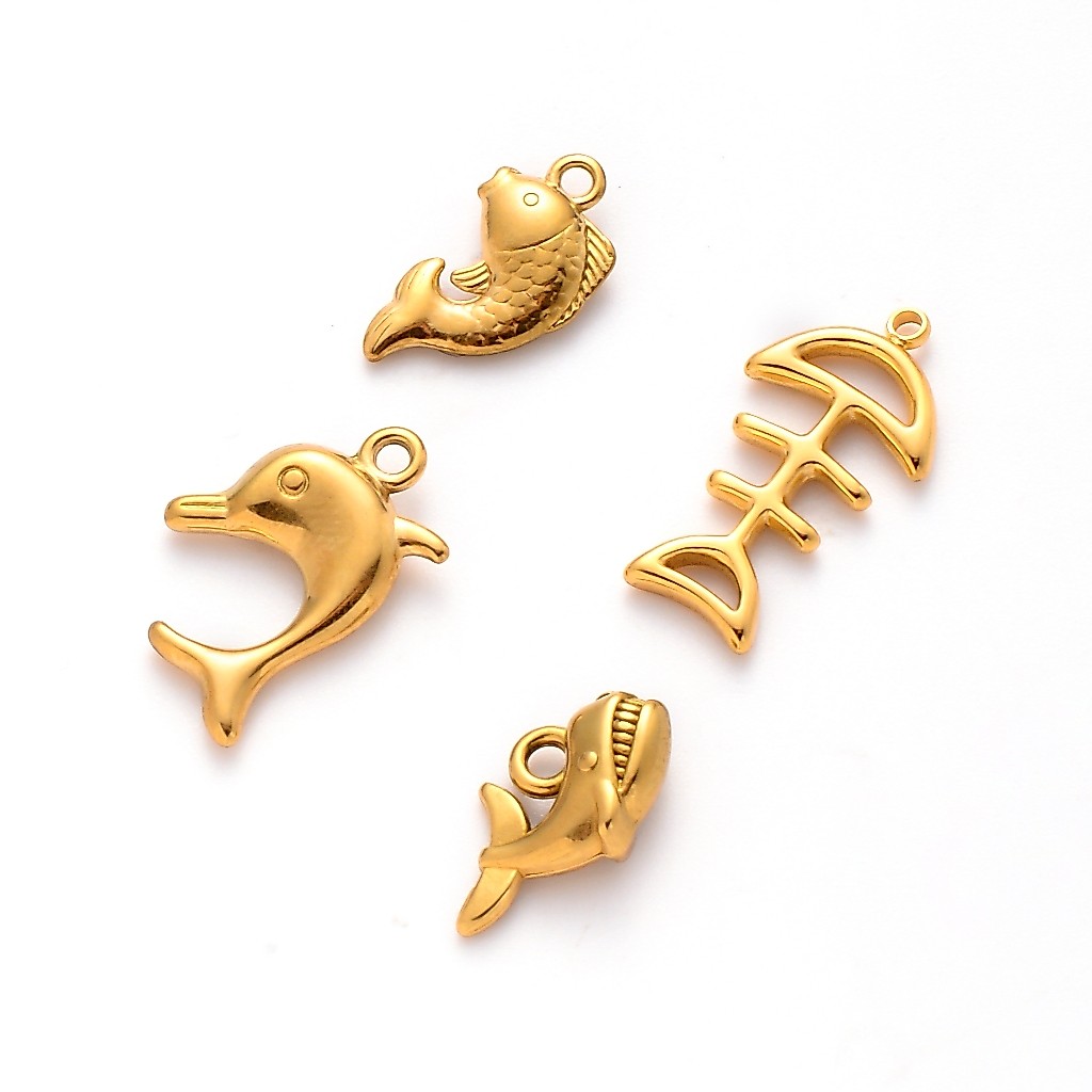 5 ชิ้น/ล็อตสแตนเลสปลา/ปลากระดูก/Dolphins/Sharks Charms 18 K Gold Plated diy จี้ฤดูร้อนเครื่องประดับอุปกรณ์เสริม