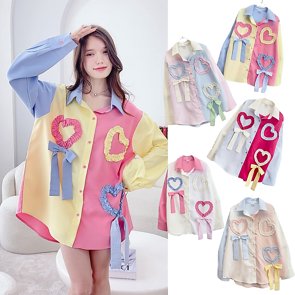 พร้อมส่ง❗️อก46"Twinkle Ribbon 💖💜💙 เสื้อเชิ้ตแขนยาว สไตล์ที่ลงตัวทุกโอกาส 💖💜💙-2474
