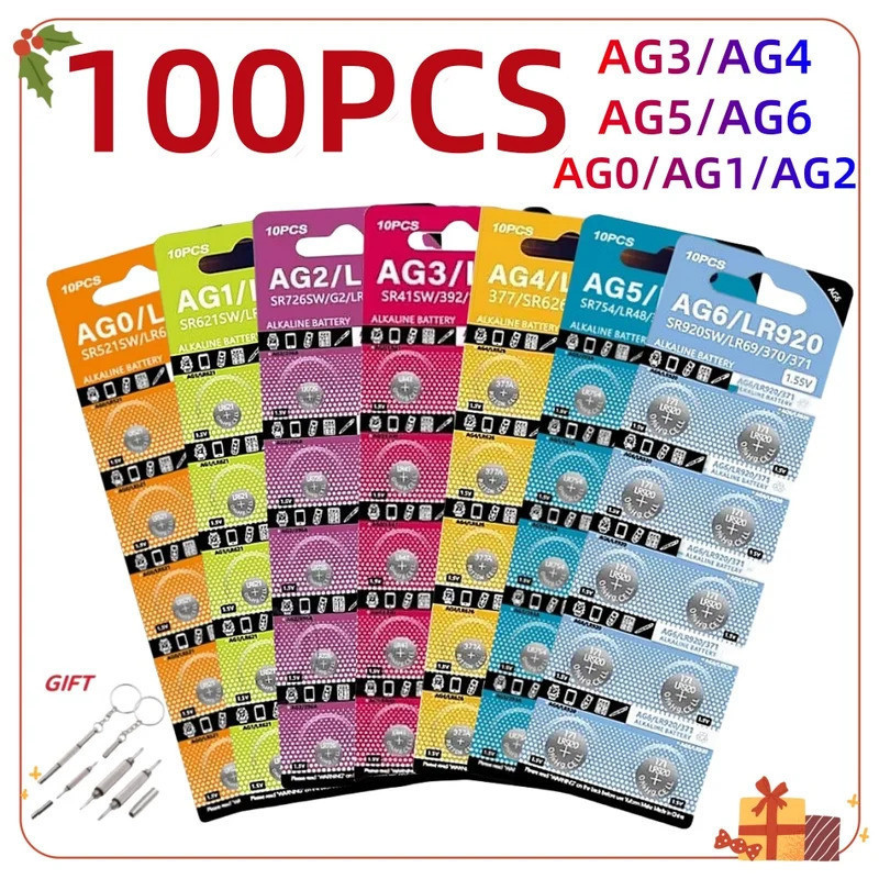 100 ชิ้น AG4 แบตเตอรี่ AG0 AG1 AG2 AG3 AG4 AG5 AG6 ปุ่มเซลล์เหรียญ LR41 377 364 371 SR621SW อัลคาไลน