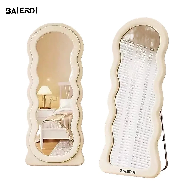 BAIERDI กระจกตั้งพื้นในห้องนอนสไตล์เน็ตไอดอล กระจกแต่งตัวเต็มตัวสไตล์ฝรั่งเศส ดีไซน์คลื่น เคลื่อนย้ายได้ ใช้ในร้านเสื้อผ
