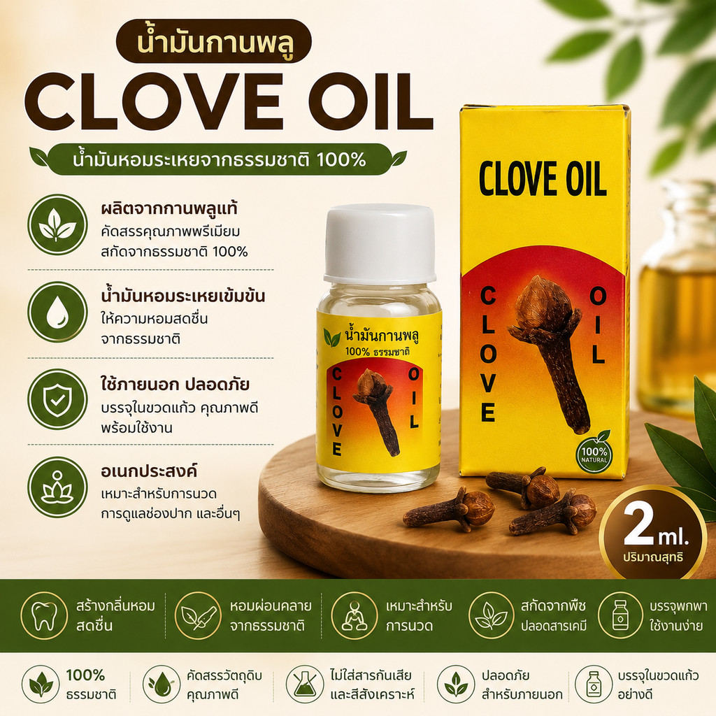 Clove Oil 2 ml น้ำมันกานพลู 100% จากธรรมชาติ