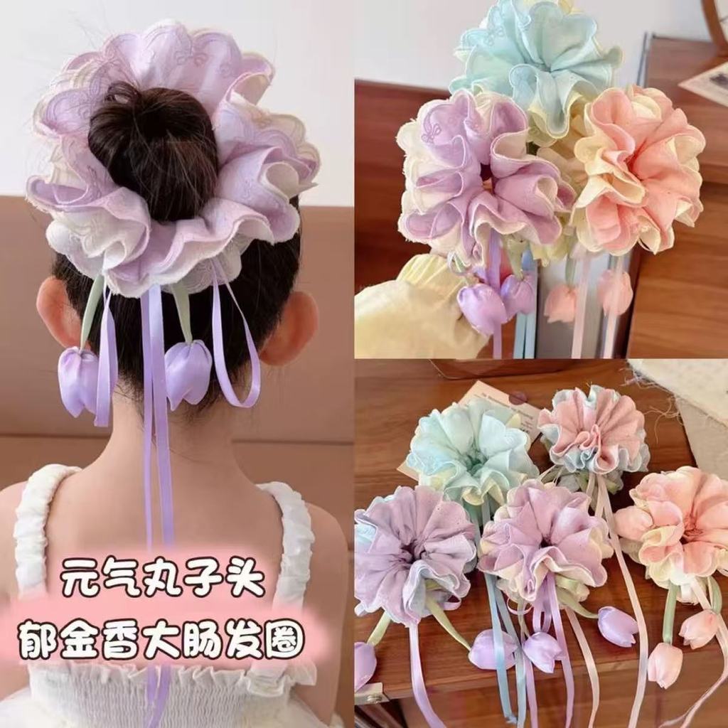 เครื่องประดับผมน่ารักเด็กน่ารักดอกทิวลิปดอกไม้ลําแสงขนาดใหญ่ลําไส้ผมผูกสาวหางม้าลูกเชือกผม