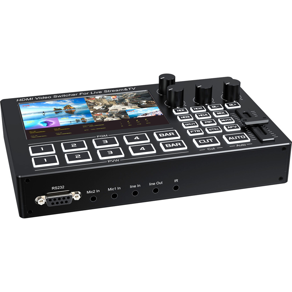 1080p 60Hz 4 ช่อง HDMI Video Switcher พร้อมสายไมโครโฟนหน้าจอในเครื่องผสมเสียงสําหรับกล้องถ่ายทอดสดการบันทึกการจับภาพวิดีโอ