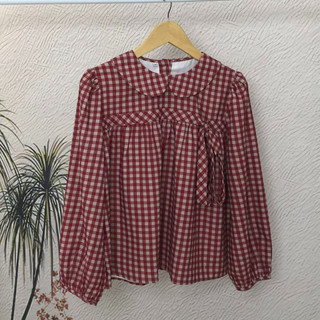 Atasan Kemeja Wanita | Modern | Kerah Boneka | Motif Kotak | Pita Di Depan | Warna Cokelat | Warna Merah | Baju Elegan | Baju Mode Kekinian |  Favorit Fashionista | Original By Chicmore