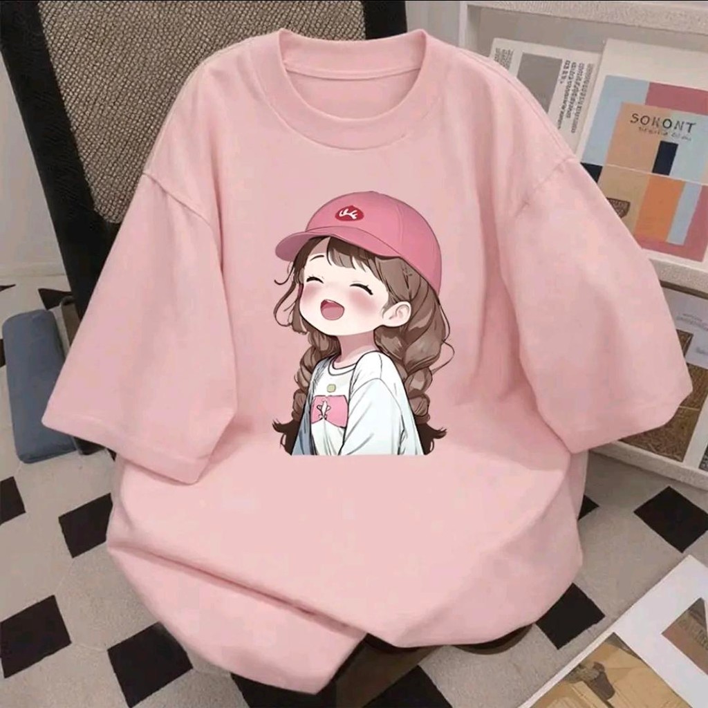 Basi💥เสื้อยืด oversize unisex สตรีทแฟชั่น โคตรนุ่ม เสื้อ cotton 100% ไม่หดตัวลาย เสื้อไม่ยับ ลาย "Pink hat girl"
