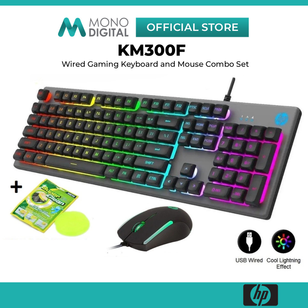 HP KM300F คีย์บอร์ดเกมแบบมีสายและเมาส์ Combo 6400 DPI Dual Mode LED Backlit แผงโลหะ Ergonomic ป้องกั