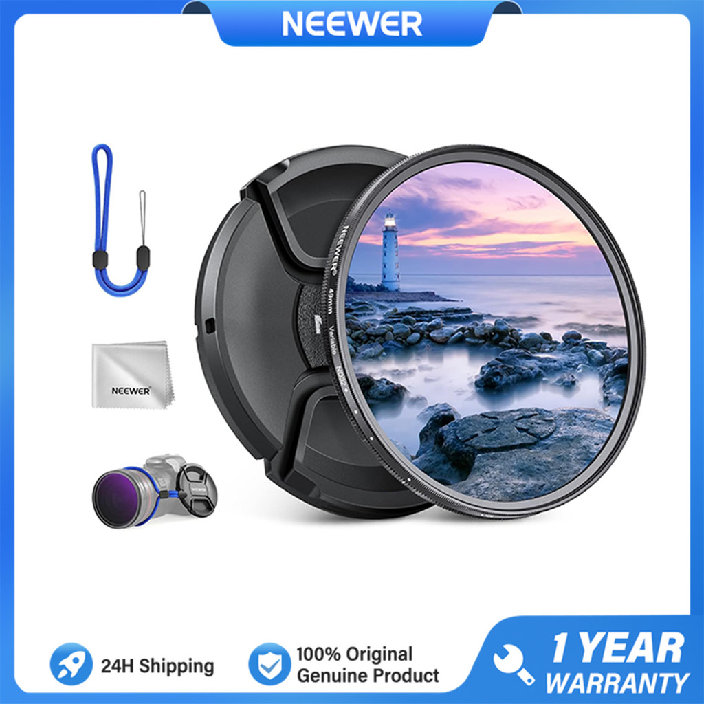 Neewer 49 มม. Variable ND Filter - ND2-32 (1-5 Stops) กระจกออปติคอลมัลติโค้ทควบคุมที่แม่นยําพร้อมฝาป