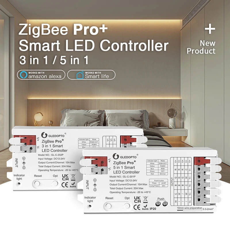 GLEDOPTO ZigBee3.0 Pro+ ตัวควบคุม LED 5 ใน 1 / 3 ใน 1 ขีดจำกัดสูงสุด 20A RGBCCT/RGBW/RGB/CCT/Dimmer ควบคุมผ่านแอป Alexa Homey Tuya Smart Life