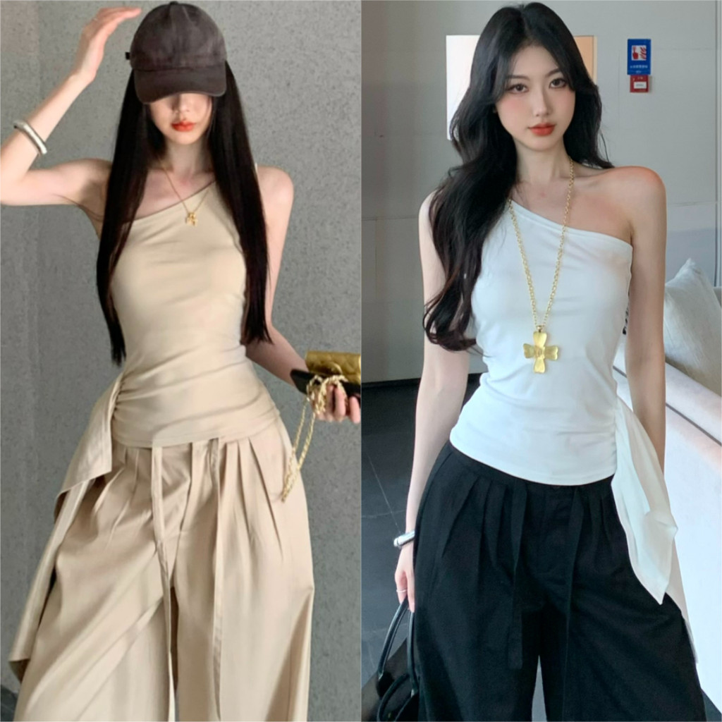 Soroh เสื้อกล้าม สีพื้น ไหล่ข้างหนึ่ง รัดรูป ผ้านิ่ม เสื้อแขนกุด สไตล์เกาหลี เรียบๆใส่สวยมาก#FY2936