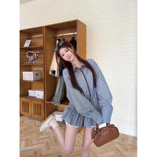 ฤดูใบไม้ร่วงใหม่ของผู้หญิงย้อนยุคสไตล์เกาหลีสีฟ้าแขนยาวลายเสื้อเชิ้ต