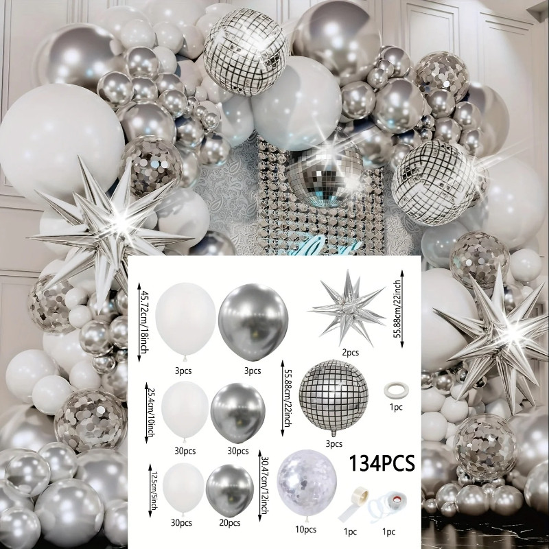 134ชิ้นเงินสีขาวบอลลูนชุดระเบิดดาวดิสโก้อลูมิเนียมฟอยล์โค้งบอลลูน ตกแต่ง วันเกิดพรรคตกแต่งงานแต่งงาน - รูปที่ 3