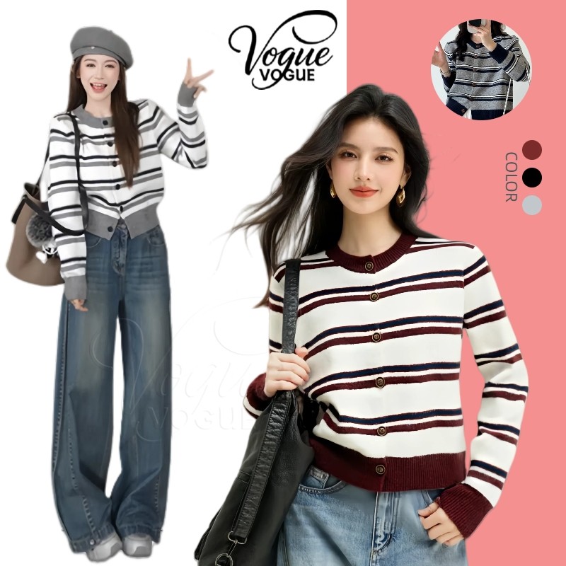 Vogue🌟พร้อมส่ง🌟เสื้อแขนยาว คาร์ดิแกนไหมพรม คอกลม ดีเทลแต่งลายทางสีพื้น (W-K086)