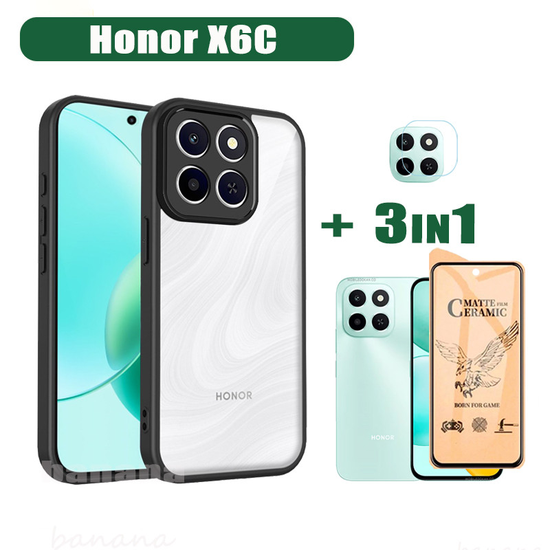 Honor X6C เคสโทรศัพท์เคลือบโปร่งใสพร้อมกระจกนิรภัยป้องกันหน้าจอและฟิล์มเลนส์สําหรับ Honor X7C X8C