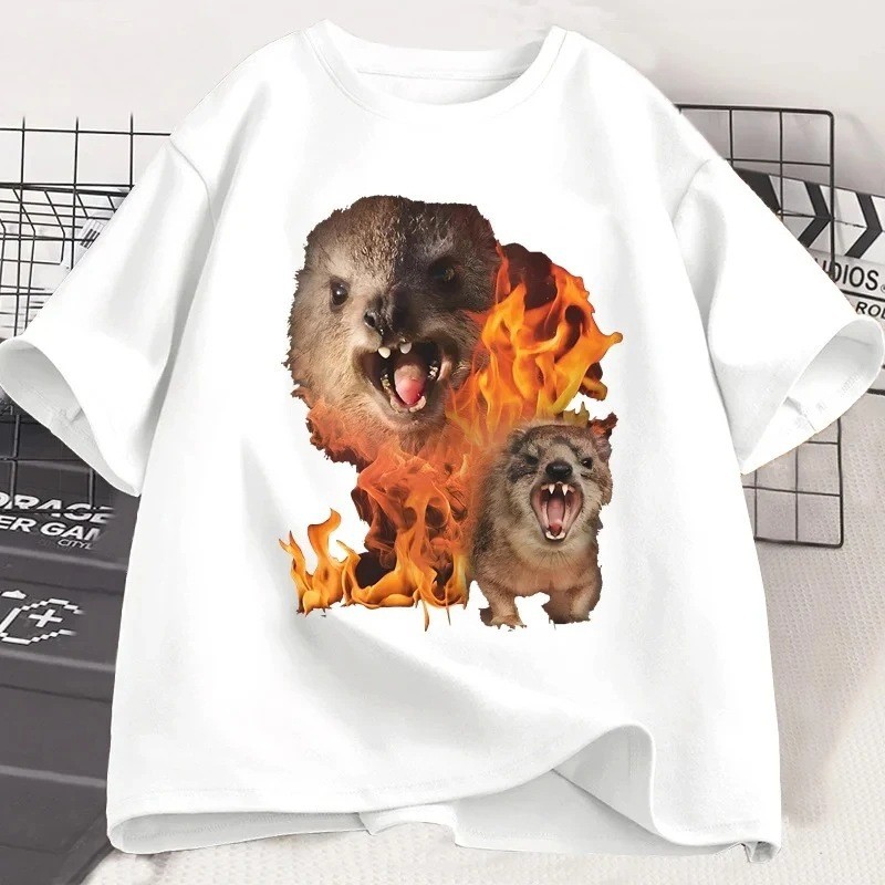 เสื้อยืดผู้หญิงFunny Rock Hyrax Fire Meme สไตล์ซิลลี่