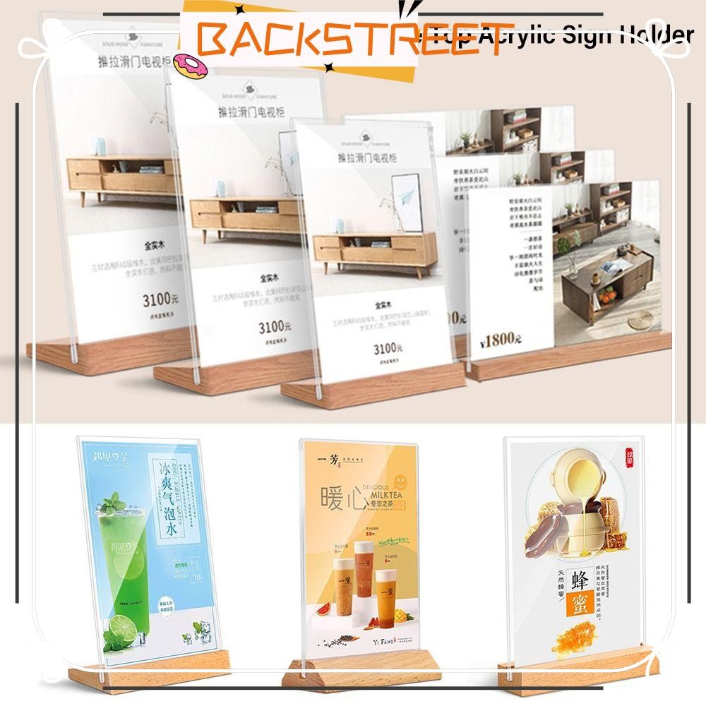 BACKSTAGEREAT Menu Display Stand, Double Sided with Wood Base Table Top Sign Holder, Creative Acryli