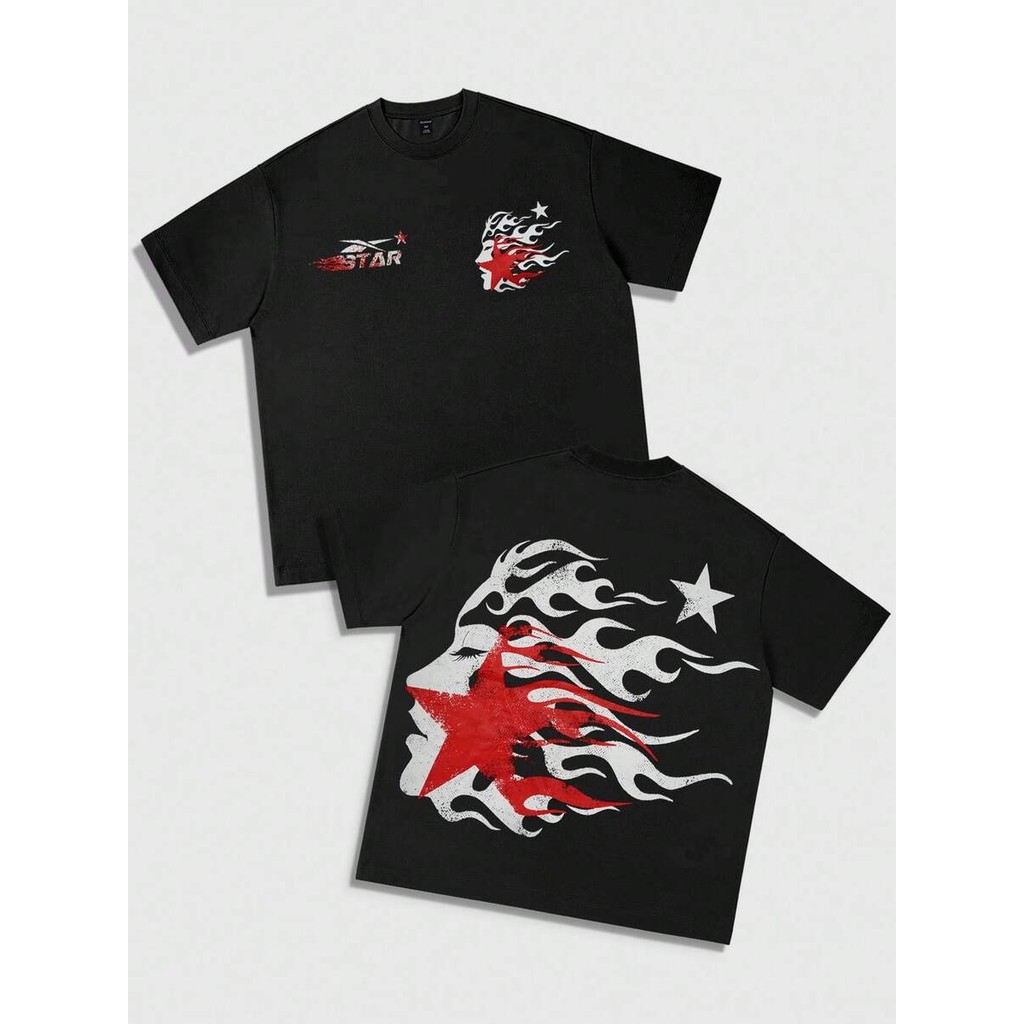 ROMWE MEN Street Life แฟชั่นผู้ชาย Gothic พิมพ์เสื้อยืดแขนสั้นเหมาะสําหรับสวมใส่ทุกวันในฤดูใบไม้ผลิแ