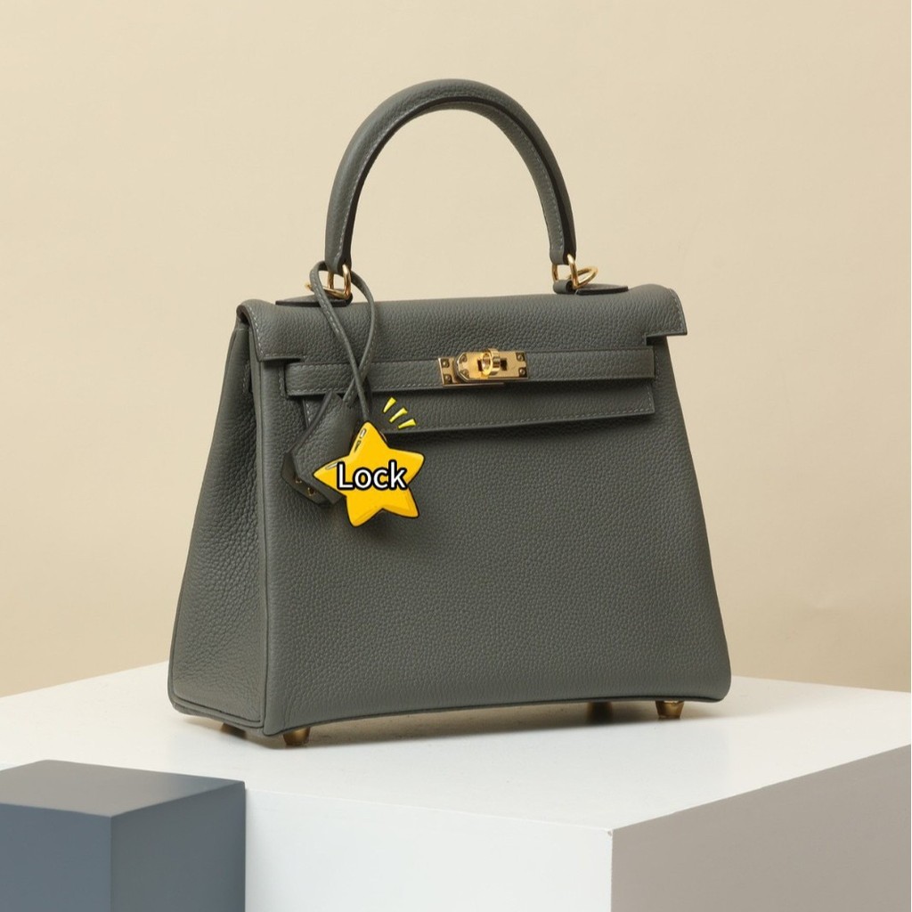 Pure Handmade Kelly Bag from France, Togo Leather, Rain Cloud Grey with Gold Buckle, Suitable for Sh
