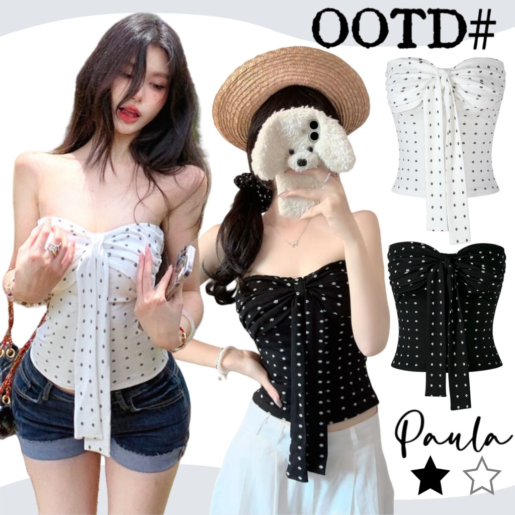 Paula พร้อมส่ง🌴เสื้อเกาะอก มีฟองน้ำ🌴ดีเทลลายจุดเท้าหมาทรงรัดรูป เซ็กซี่ แฟชั่นผู้หญิง สีขาวสีขาว แต่งสายผูกโบว์หน้าอก