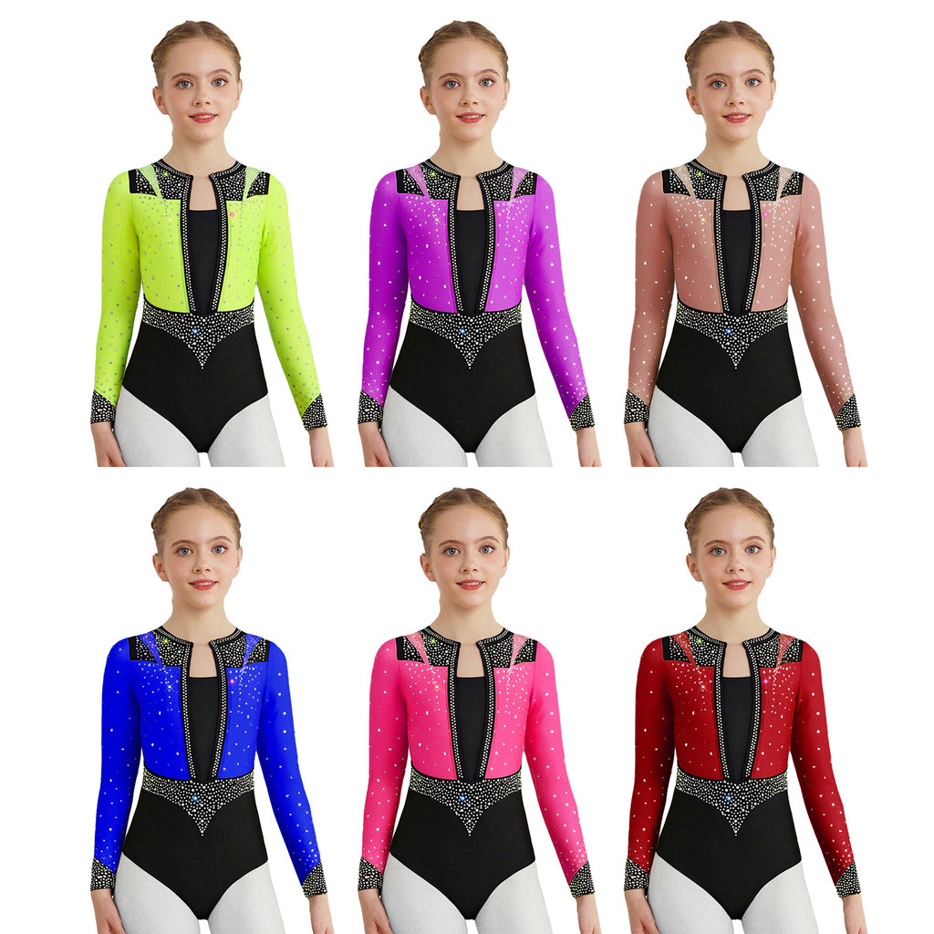 Rswnyirn เด็กสาวเงา Rhinestones ยิมนาสติก Leotard แขนยาว Keyhole กลับรูปสเก็ตบอดี้สูท Dancewear การแสดงบนเวทีเครื่องแต่งกาย