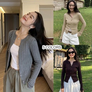 mimi&didi#เสื้อแจ็คเก็ตสเวตเตอร์แขนยาวผ้าถักเคเบิลคอวีสไตล์เ…