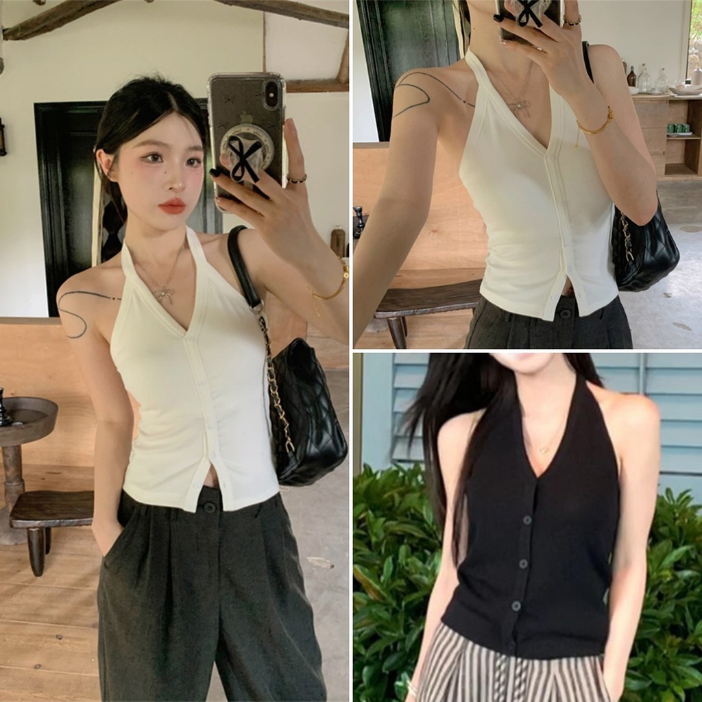 Hotgirl พร้อมส่ง เสื้อกล้ามผู้หญิง เสื้อครอปแขนกุด สีพื้น ดีไซน์คอแขวน เซ็กซี่เปิดหลัง ย้อนยุค